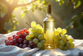 Obraz premium chilled white wine bottle surrounded fresh grapes elegant still life refreshing atmosphere, drink, liquid, beverage, glass, vintage, pour, toast, cork, table