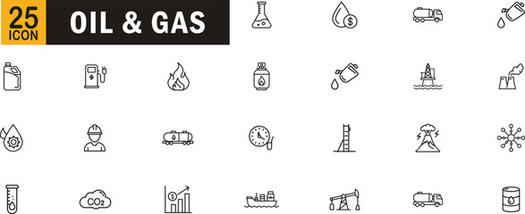 Oil and Gas icon set. Petroleum, refinery, energy production, crude oil, fuel, gas station, offshore drilling, chemical processing, carbon emissions and more.
