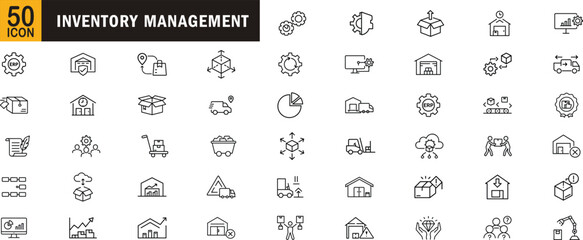 Inventory Management icon set. Supply chain, stock control, logistics, warehouse, ERP, data analysis, delivery, automation, quality assurance and more.
