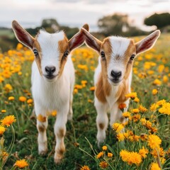 Obraz premium Adorable animal group mountain concept. Two young goats standing amidst a field of yellow flowers, showcasing a serene rural landscape.