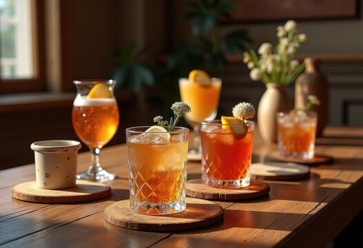 elegant drink pairings presentation rustic wooden table varied glassware stylish elements, cocktail, whiskey, wine, champagne, soda, coffee, tea, juice