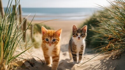 Obraz premium Adorable animal group mountain concept. Two playful kittens explore a sandy path leading to the beach, surrounded by grass.