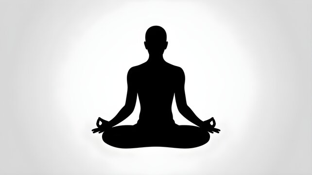 Silhouette of a person in lotus position meditating against a white gradient background in a studio