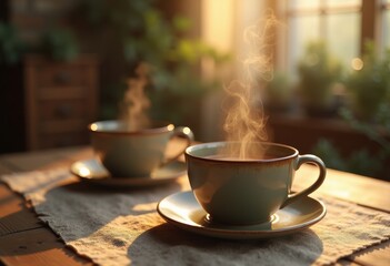 elegant pair ceramic coffee cups rising steam cozy warmth morning rituals drinkware, beverage, kitchen, porcelain, texture, brew, aroma, sipping, enjoyment