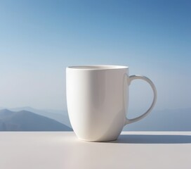 A pristine white ceramic cup rests elegantly on a polished wooden table, reflecting soft light and casting a delicate shadow beneath it.