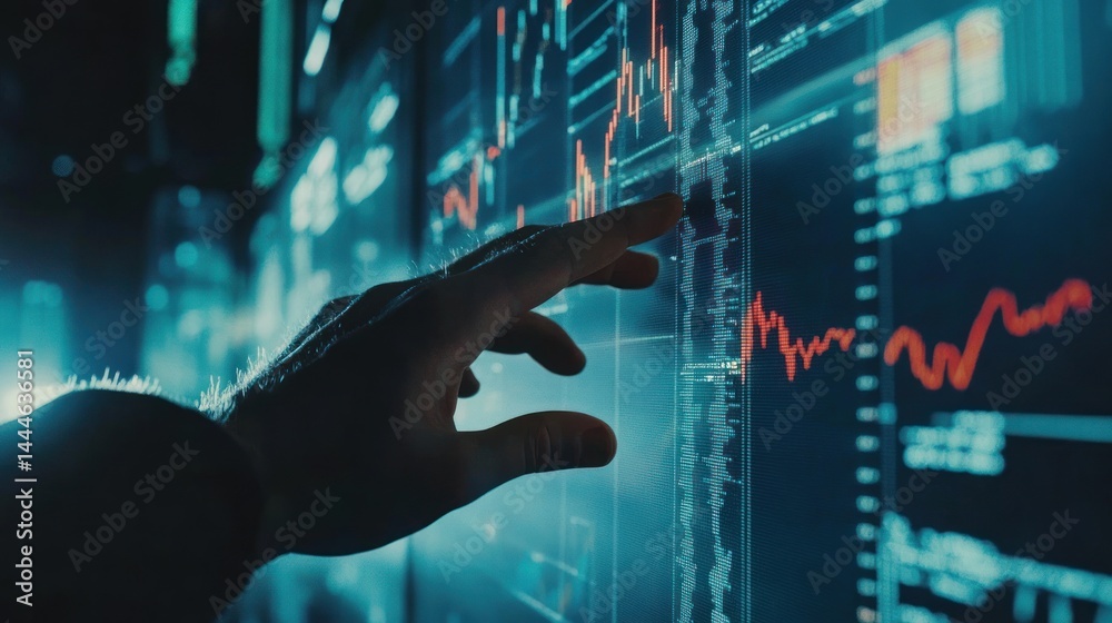 Aufkleber hand interacting with financial data on a large screen