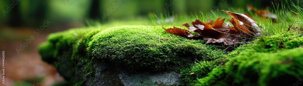 Poster green moss between grass and forest with relax mood concept. moss-covered stone with brown leaves in