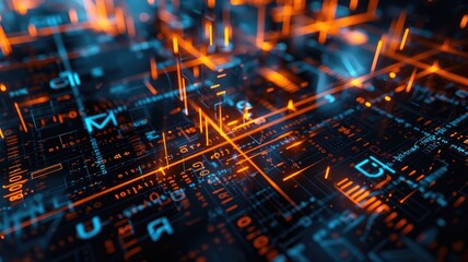 Obraz premium Light speed burst with blue and orange streaks. Dynamic motion of glowing particles in a digital tunnel. Technology and sci-fi concept. Glowing light pathway with digital code. Digital portal. AIG53.