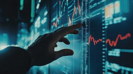 Hand interacting with financial data on a large screen