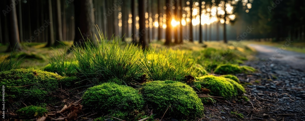 Poster green moss between grass and forest with relax mood concept. sunlit forest path with lush green moss