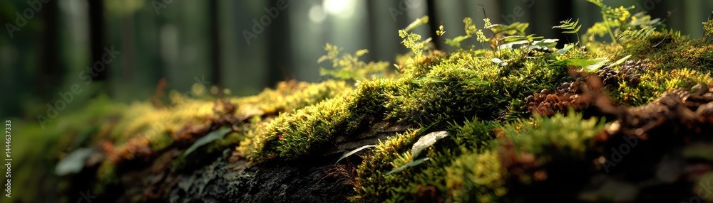 Poster green moss under forest light with peaceful mood concept. close-up view of vibrant moss covering a f
