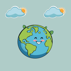 Happy Smiling Earth Cartoon with Clouds and Sun – Eco Vector Illustration