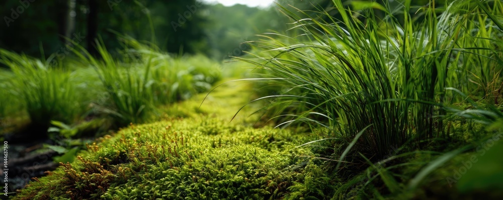 Poster green moss between grass and forest with relax mood concept. lush green grass and moss create a sere