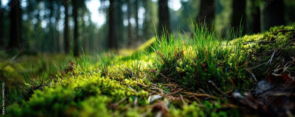 Poster green moss between grass and forest with relax mood concept. close-up of lush green moss in a tranqu