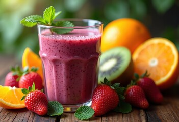 vibrant colorful smoothie clear glass surrounded fresh fruits healthy beverage refreshing nutrition, strawberry, banana, mango, kiwi, orange, juice, red
