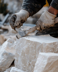 Stone Mason Carving Marble with Chisel and Hammer