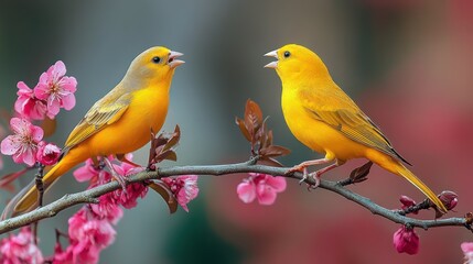 Yellow birds singing with spring blossoms.