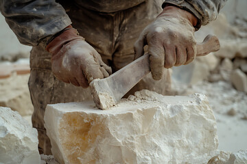 Stonecutter Using Chisel on Marble Block