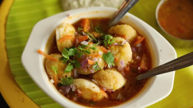 Many Idli or idly sambar popular breakfast of Kerala South India and Sri Lanka. Healthy steamed rice cakes by steaming fermented batter of black lentils and rice coconut chutney tomato chutney.