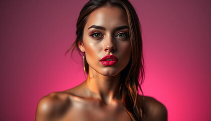 Fototapeta premium Woman with Red Lipstick Posing Against Pink Background for Beauty Concept
