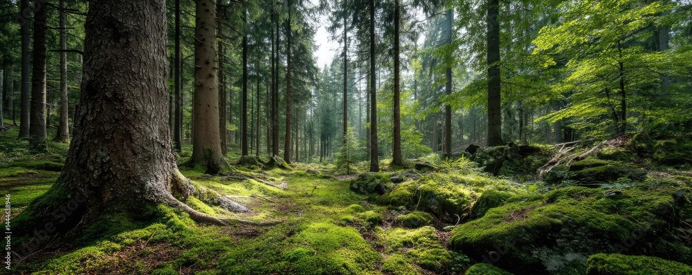Poster Green moss between grass and forest with relax mood concept. Serene forest landscape with sunlight filtering through trees.