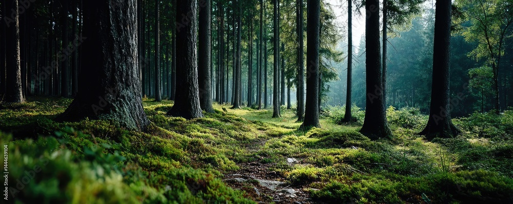 Poster Green moss between grass and forest with relax mood concept. Serene forest pathway surrounded by tall trees and lush greenery.