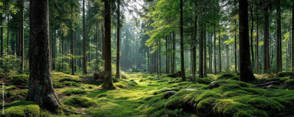 Poster green moss between grass and forest with relax mood concept. a serene forest filled with lush greene
