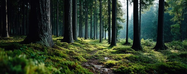 Green moss between grass and forest with relax mood concept. Serene forest pathway surrounded by tall trees and lush greenery.