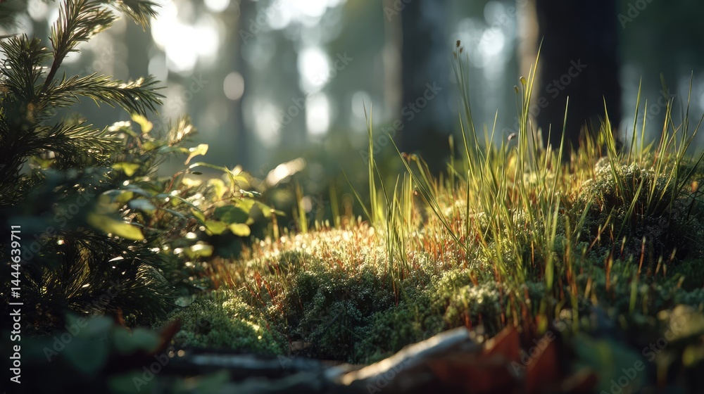 Poster green moss between grass and forest with relax mood concept. lush forest floor with vibrant green gr