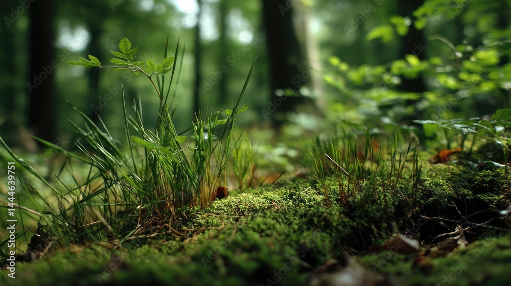 Poster green moss between grass and forest with relax mood concept. lush green forest floor with moss and v