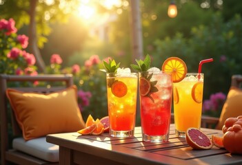 refreshing citrus beverages vibrant patio setting colorful summer drinks outdoor relaxation, refreshments, lemonade, orange, grapefruit, fruit, cocktail