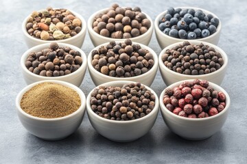 Nine small white bowls arranged in a grid pattern, each containing different types of peppercorns and a spice powder