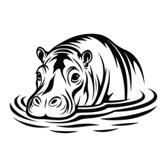 Black and White of Hippopotamus in Water, Wild Animal, Isolated Icon