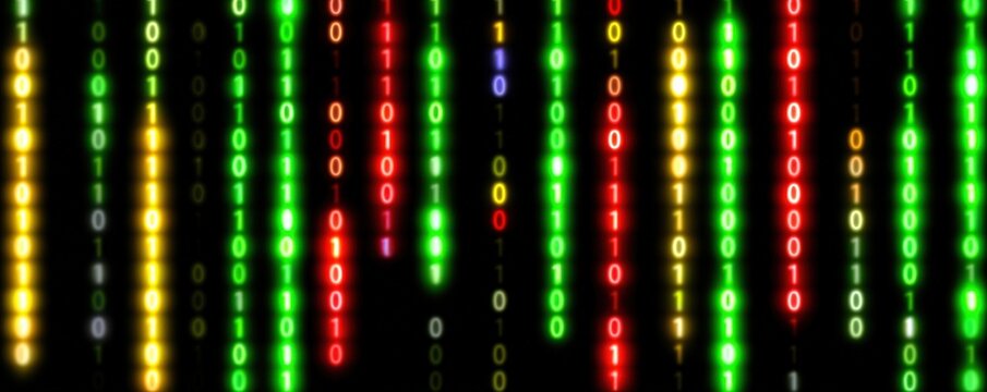 Digital binary code displayed in colorful vertical streams.