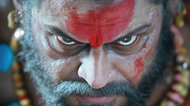 Close-up of an intense warrior face, adorned with elaborate markings and a fierce expression