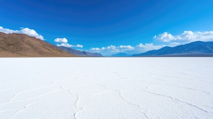 Vast Salt Flat Brown Mountains Stunning Landscape High-resolution Wide angle view Textured surface Expansive vista under clear sky Bright, airy tones Ideal for travel brochures