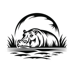 Monochrome Hippopotamus SemiSubmerged in Water with Reeds Silhouette Design