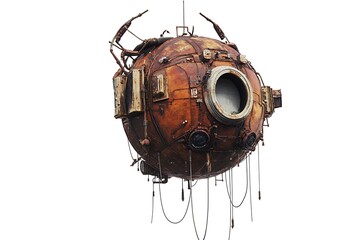 Ancient rusted satellite with dangling parts and damaged structure