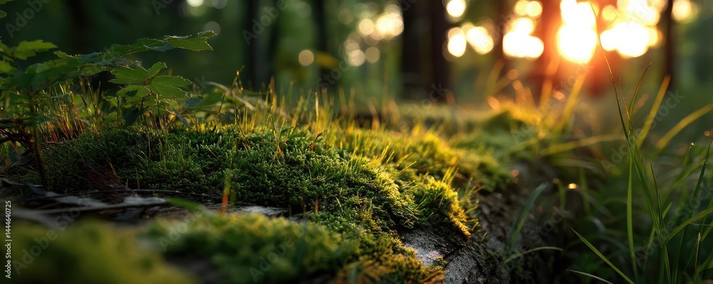 Poster green moss between grass and forest with relax mood concept. sunlight filters through trees, highlig
