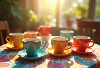 Fototapeta premium colorful coffee cups vibrant patterned tablecloth radiating cheerfulness warmth, mug, beverage, drink, ceramic, tableware, design, morning, texture, floral