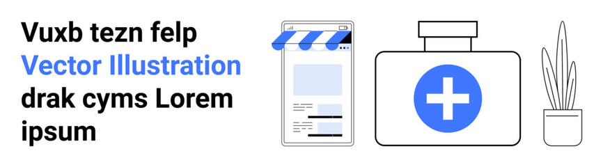 Mobile pharmacy page with canopy design, medical bottle featuring plus sign, and potted plant. Ideal for telehealth, wellness, e-commerce, healthcare, medical apps, pharmacy simple landing page