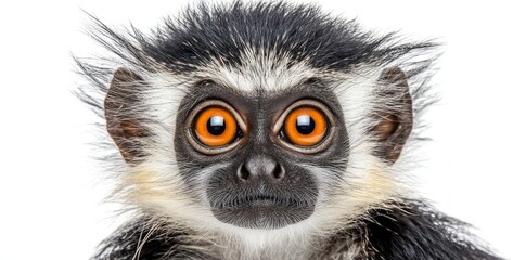 Obraz premium A curious black monkey with vibrant orange eyes gazes directly into the camera set against a light-colored backdrop as snowflakes gently fall around it