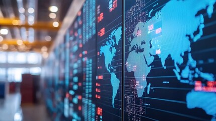 Futuristic logistics control room featuring holographic displays and advanced global coordination tech