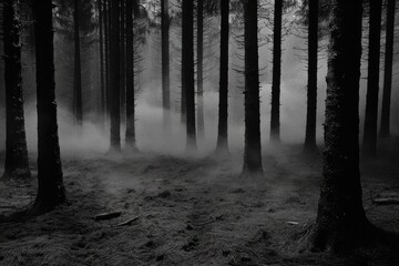 Dense, misty forest in grayscale  Tall, dark trees stand rigidly in a thick fog  Ground is shadowy and indistinct
