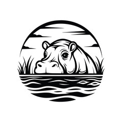 Hippo Silhouette in Water, Minimalist Design, Wild Animal, Grassy Landscape, Circular