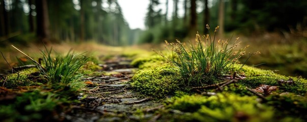 Obraz premium Green moss in forest with peaceful relax mood concept. Lush greenery along a forest path