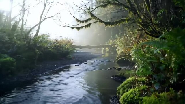 Forest River with Sunbeams