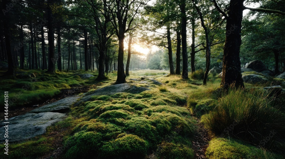 Poster Green moss between grass and forest with relax mood concept. A serene forest scene with sunlight filtering through the trees.