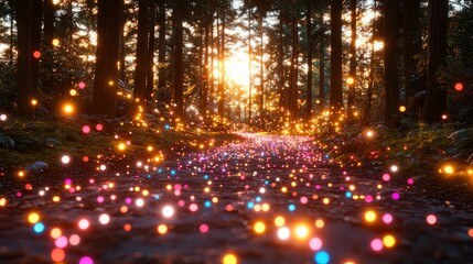 Enchanted forest path illuminated by glowing orbs