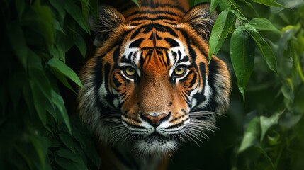 Majestic tiger observing its surroundings in lush green foliage during the daylight